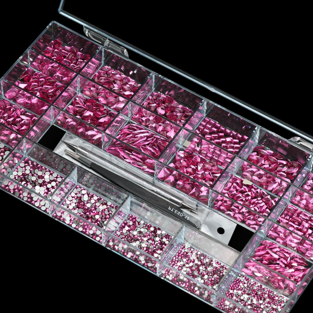 Yzzseven 14 Types of 700 Rose Pink Diamonds + 2100 Flat Rhinestones Mix 20 Styles Flatback DIY Crafts Rhinestone Crystals 3D Ornament‌s Flat Back Stones Set + Tweezers + Drill Pen