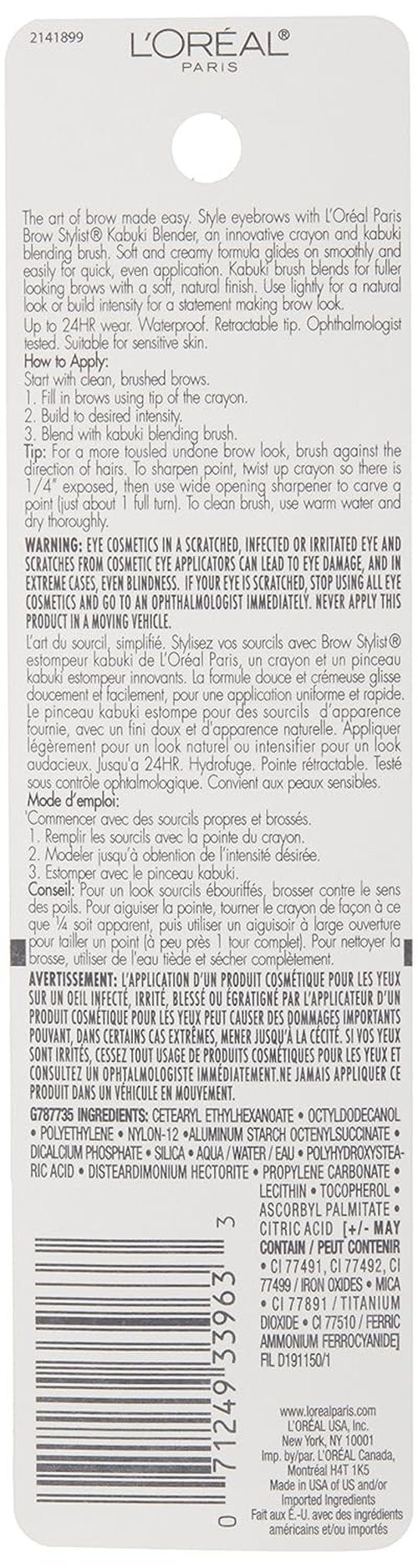 L'Oréal Paris Brow Stylist - Kabuki Blender Brow Crayon for Perfect Brows | Dark Brunette, 0.05 oz.