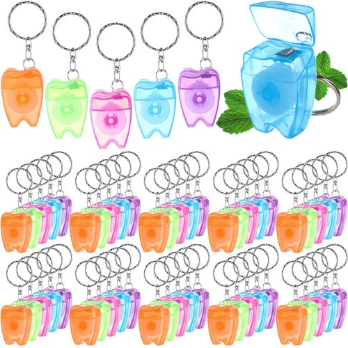 Landical 50 Pcs Mini Dental Floss Keychain Bulk Tooth Shaped Portable Floss Cleaning for Travel Homeless Donated Gifts Teeth Cleaning Oral Care 15 M /16.4 Yard (Multicolor)