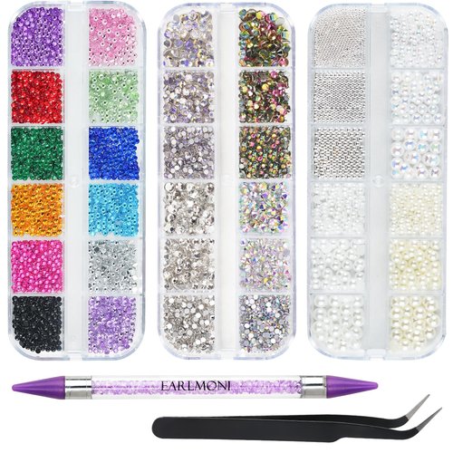 EARLMONI 5200PCS Nail Gems and Charms, AB Crystal Nail Rhinestones with Flatback Nail Pearls, Pick Up Tweezers, Rhinestone Picker Tool, Flat Back Nail Gems for Nail Art, Clothes, Face, Craft