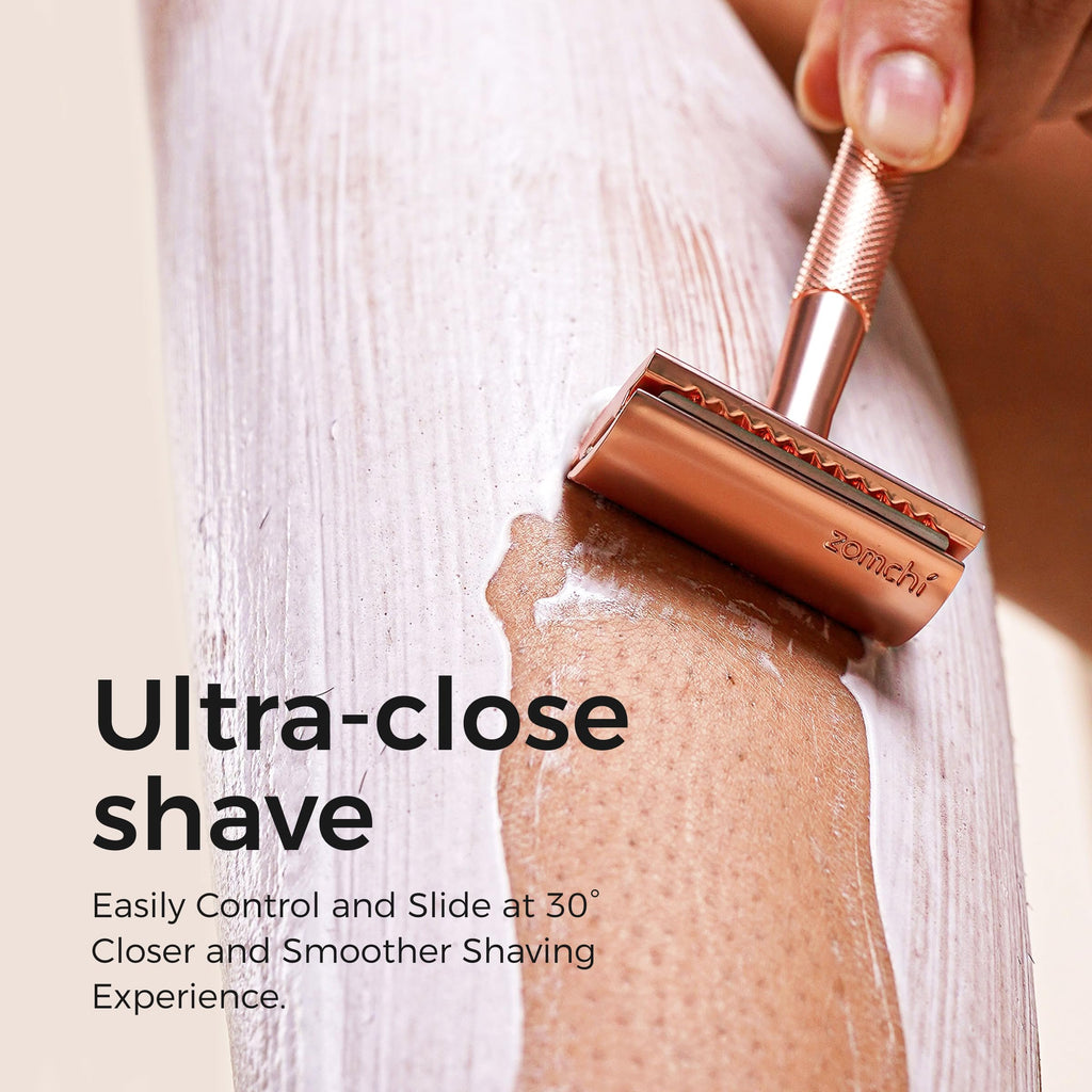 ZOMCHI Single Blade Razors for Women – Reusable Ladies Razor for Legs with 5 Double Edge Safety Razor Blades, Eco-Friendly Manual Shaving Razor - Rose Gold