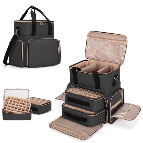 LUXJA Nail Polish Organizer Holds 70 Bottles and a Nail Lamp, Nail Polish Case with 2 Removable Bags and Tools Storage Pockets (Patent Pending), Black