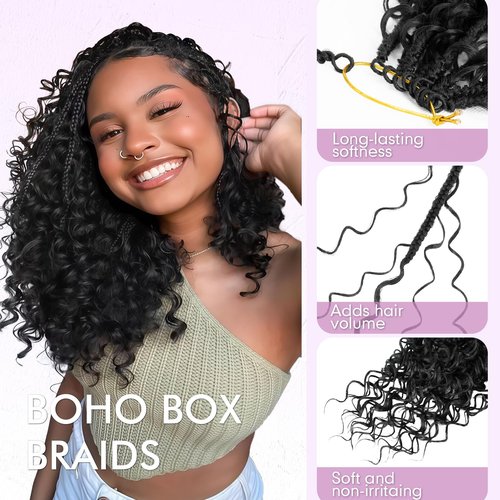 Boho Box Braids Crochet Hair for Black Women – 12 Inch Micro Pre-Looped Style, 4 Culrs Goddess Box Braids Crochet Hair with Curly Ends (12 Inch, 1B)