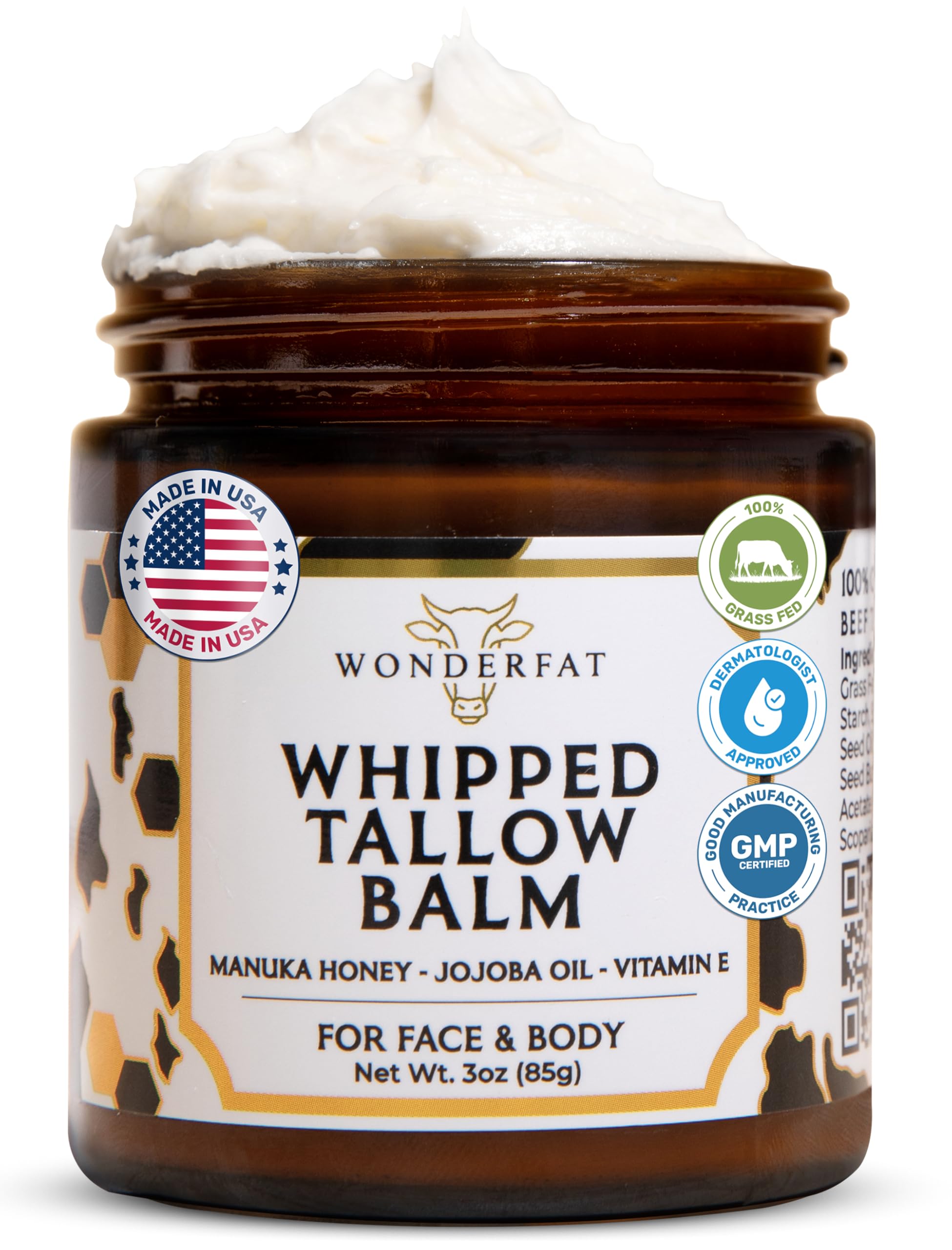 Wonderfat Grass-Fed Whipped Tallow Balm, Face and Body Moisturizer with Manuka Honey, Fragrance Free Tallow Moisturizer for Sensitive Skin, Lightweight Tallow Cream, 3 oz