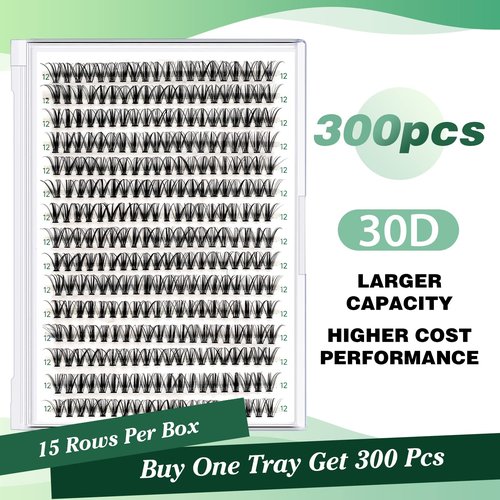 Lash Clusters 300pcs Eyelash Clusters 30D 0.07D Curl 12mm DIY Eyelash Extension KEYYOU Large Tray Volume Soft&Natural Individual Lashes(30D-0.07D,12）