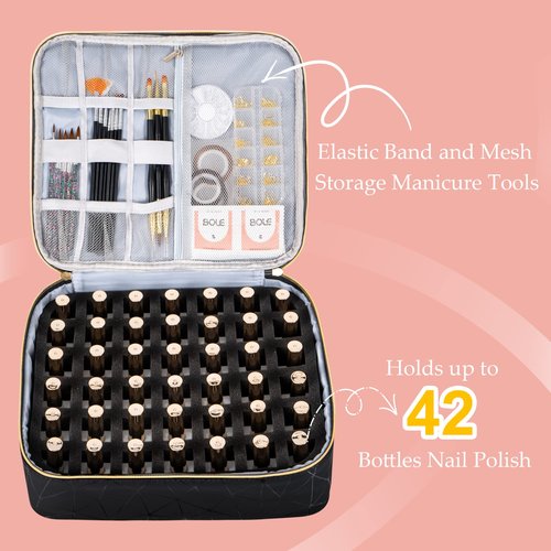 Uross Nail Polish Organizer Bag Holds 42 Bottles Nail Polish & Nail Lamp, Gel Nail Polish Organizers and Storage box for Nail Tech, Nail Kit Supplies Organizer Case - Black