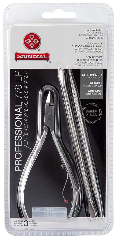 Mundial Nail Care 3 Piece Set - Professional Stainless Steel Cuticle Nippers & Nail Spatula Kit