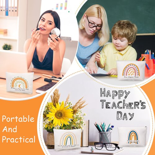 Fumete 20 Pcs Daycare Teacher Gifts Bulk, Inspirational Rainbow Makeup Bags, Silicone Keychains Zipper Canvas Pencil Pouch for Employee Thank You Gift Mothers Day Paraprofessional Appreciation Gifts