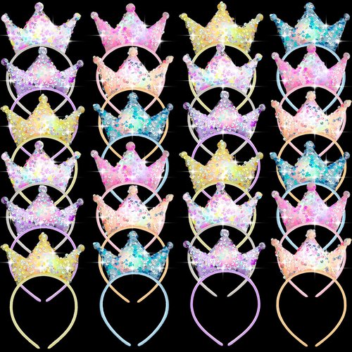 Juexica 24 Pcs LED Princess Crown Headbands Glow Sequin Glitter Light up Crown Headbands for Girls Women Tiara Princess Birthday Party Favors Bling Hair Accessories