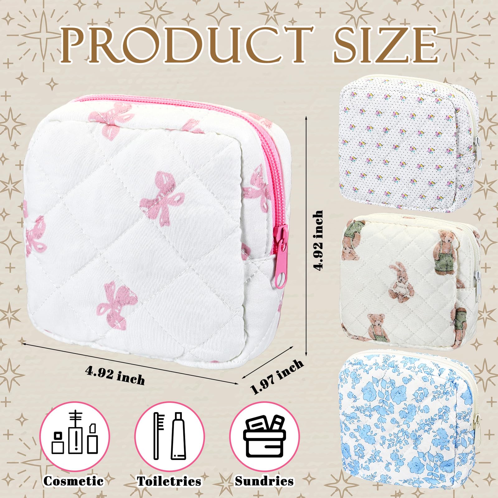 Weewooday 4 Pcs Small Quilted Makeup Bag Travel Cosmetic Makeup Bags Organizer Sanitary Napkin Storage Bag Floral Cotton Coquette Aesthetic Toiletry Bags for Women Girls(5x5x2inch,Novel)