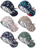 Floraltop 6 Pcs Satin Lined Scrub Caps Women Nurse Surgical Hat with Buttons Ponytail Working Adjustable Shower Caps Tie Back(Fresh Style)