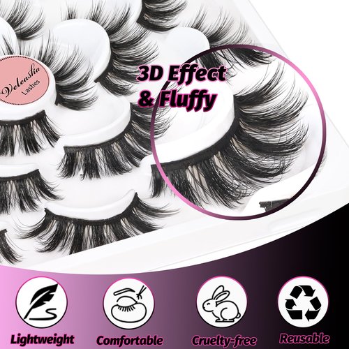 Veleasha Lashes 3D Fluffy False Eyelashes 10 Pairs Soft Faux Mink Lashes Lightweight Fake Eyelashes Wispy False Lashes Kit with Lash Glue and Lash Tweezers Handmade Strip Lashes (3D07 Kit)