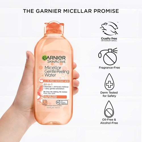 Garnier SkinActive Gentle Peeling Micellar Water - Exfoliating Facial Cleanser with 1% PHA & Glycolic Acid | 2 Pack