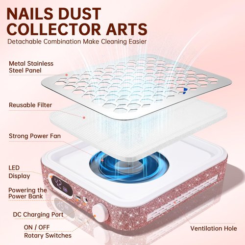 CHRISTINE SHELLY Nail Dust Collector, Rechargeable Dust Collector Nail Tech, Powerful Vacuum Fan Vent Dust Collector Extractor Dust Suction Machine for Acrylic Nails Polishing, Nail Salon&Home, Pink