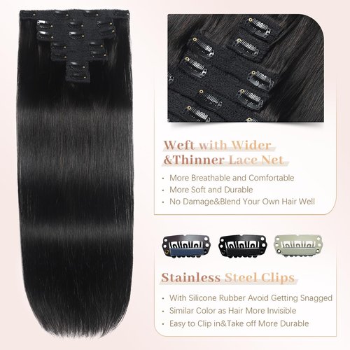 Sisily Clip in Hair Extensions Real Human Hair,18 inch 70g, Natural Straight Human Hair Clip in Extensions for Black Woman, Soft Straight 7pcs Per Set with 16 Clips