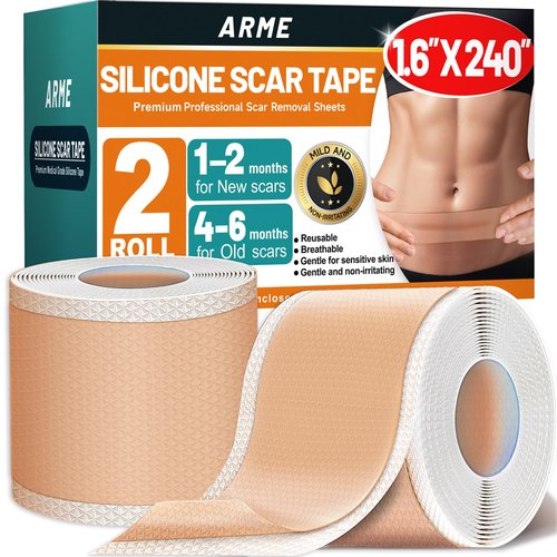 Arme Silicone Scar Tape, 1.6" x 240" Silicone Scar Sheets(2 Rolls-6M), Medical Grade Scar Tape Removal Sheets for Surgical Scars, Reusable Scar Removal Strips for Tummy Tuck C-Section Keloid