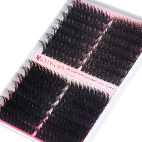 EYDEVRO Fluffy Lash Clusters Kit 80D100D Volume Lash Extension Kit 280 Pcs Left/Right Cluster Eyelash Extension Kit D Curl Thick Mega Lash Clusters with Waterproof Lash Bond and Seal and Lash Tweezers