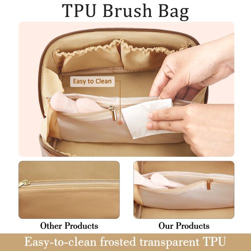 CLOUDWINGS Initial Makeup Bag Gifts for Women Bridesmaid Gifts Travel Toiletry Personalized PU Leather Waterproof Cosmetic Bag (Medium-Beige-K)