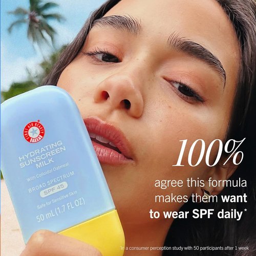 First Aid Beauty Hydrating Sunscreen Milk SPF 45 | Lightweight Serum with Colloidal Oatmeal, Sheer Finish