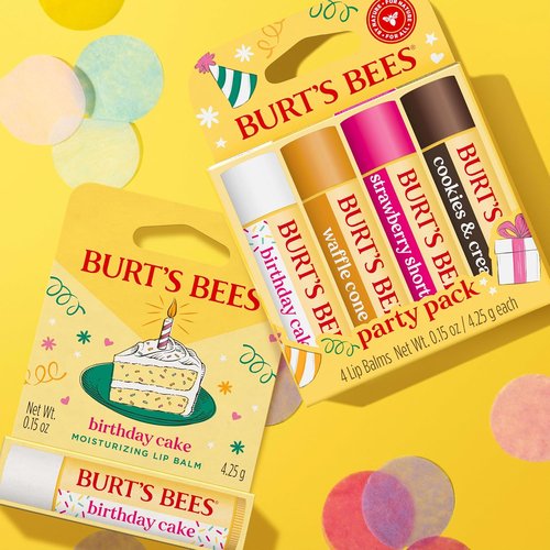 Burt's Bees Lip Balm Party Pack - Natural Moisturizing Treatment, 4 Tint-Free Flavors, 0.15 oz Each