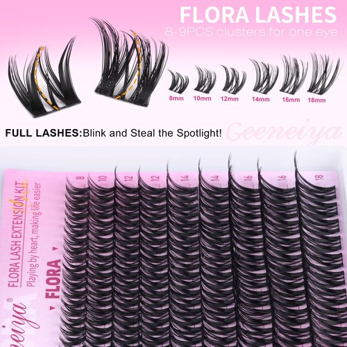 Geeneiya FLORA Lash Clusters, 8-18MM Wispy Eyelash Clusters, Natural Cluster Lashes for Beginners, Waterproof Cluster Eyelash Extensions DIY Lashes (Not Kit)