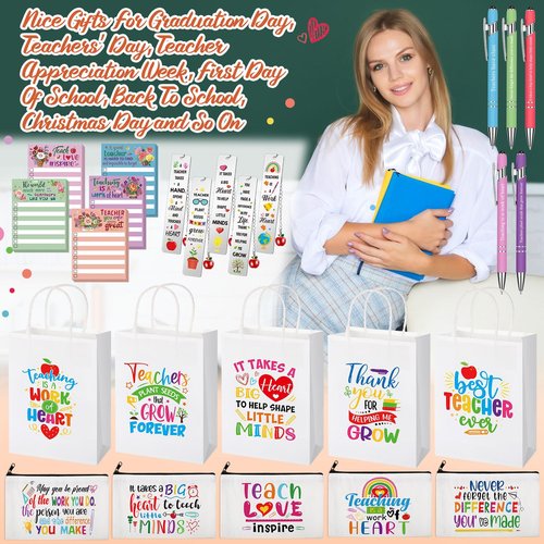 Resholder 25 Pcs Teachers Appreciation Gift for Women Teacher Kraft Paper Bags Makeup Bags Sticky Notes Ballpoint Pens and Bookmarks Graduation Gifts for Tutor Appreciation Week Gift Sets Bulk