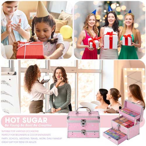 Hot Sugar Makeup Kit for Teens with Train Case, Portable Beginner Makeup Gift Set, Makeup Beauty Kit for Girls (Pink)