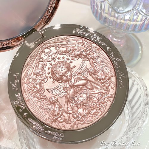 Flower Knows Little Angel Embossed Highlighter- Rose Champagne Highlighter Powder,Warm Rose Gold,Pearly Shimmer,Long-Lasting Radiant Dewy Glow,Feather-Light, Luxurious Velvet Finish(L02 Paradise Lost)