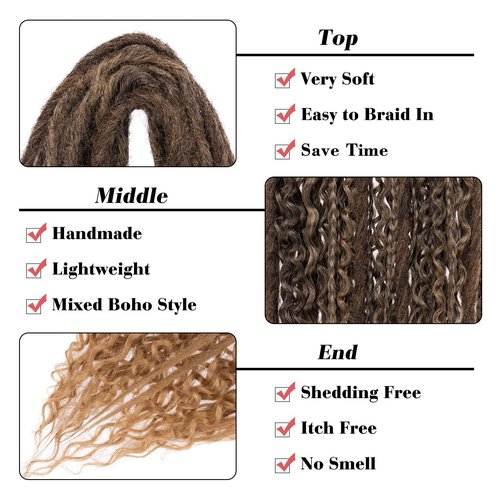 Leeven 30 Strands Double Ended Dreadlock Extensions 24 Inch Thin Synthetic Boho Dreads Ombre Honey Blonde 3 Style Mixed Full Set Wool DE Wavy Curly Hippie Dreads Braid in Soft Viking Dread for Women