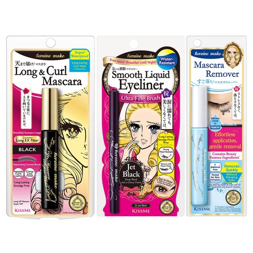 HEROINE MAKE by KISSME Waterproof Mascara Black by Defining Fiber for Long and Curl Eye Makeup for Women + Smooth Liquid Black Eyeliner, Smudge-free + Gentle Mascara Remover Oil Free, 3 Set