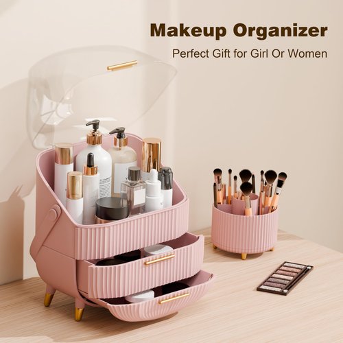 lurcns Makeup Organizers and Storage Make up Organizer for Vanity Cosmetics Skincare With Lid and Drawers Display Cases for Countertop Bathroom Women Teenager Girl Gifts(Pink+Brush Holder)