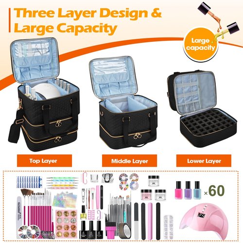 Cheungren Nail Bag Organizer Case - Three Layer Nail Polish Storage Bag with Adjustable Dividers Holds 84 Bottles Nail Polish Nail Lamp Nail Kit Supplies Organizer Box - Black