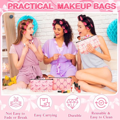 SilTriangle 24 Pieces Funny Cosmetic Bags Bulk Make up Bags Zipper Canvas Purse Organizer Pouch Portable Travel Toiletry Pouch for Women Inspirational Gifts, 7 x 4 Inch(Bow)