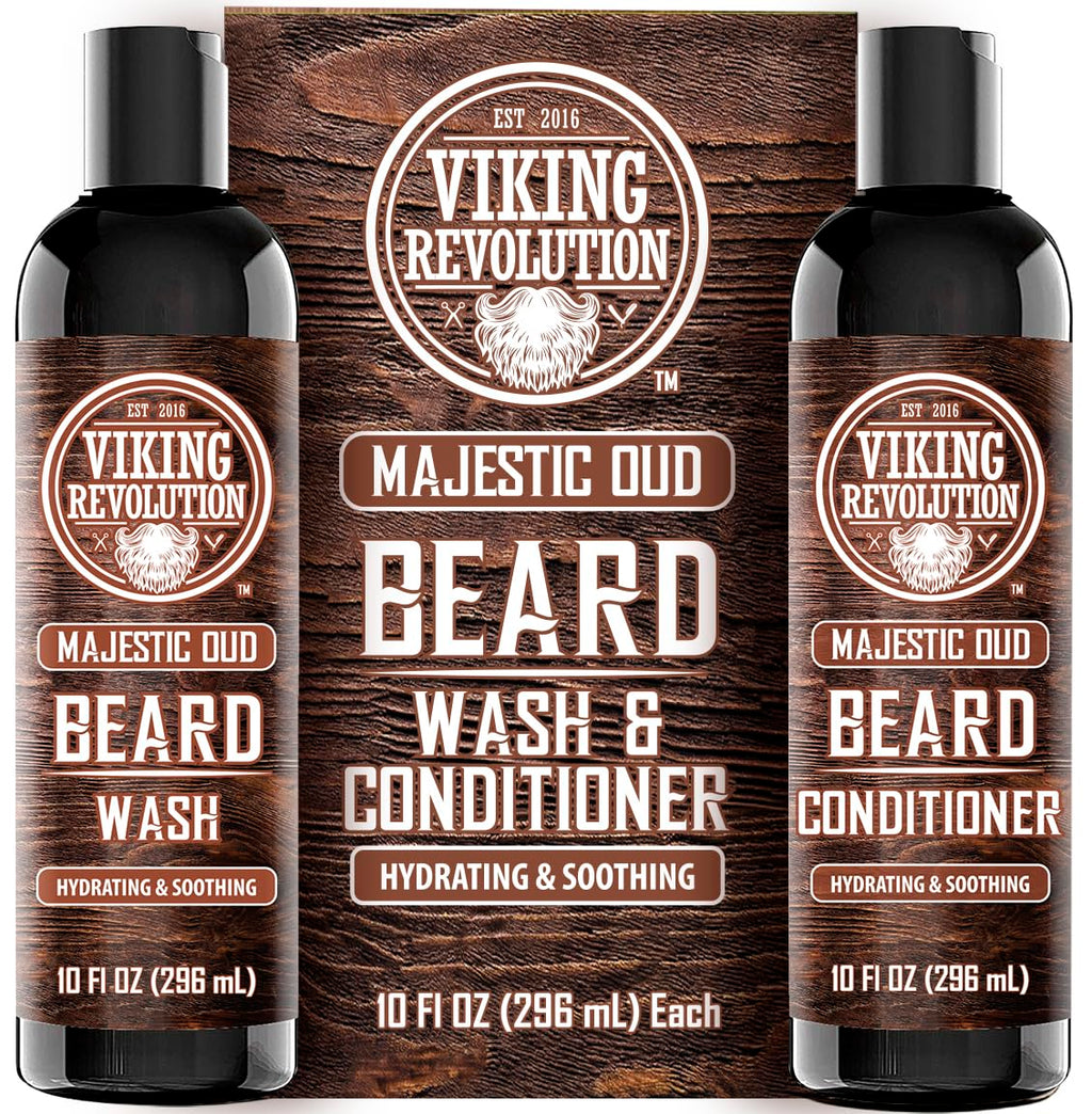 Viking Revolution Beard Wash and Beard Conditioner for Men with Argan Oil and Jojoba Oil - Beard Softener and Strengthener Beard Care Beard Shampoo and Conditioner with Beard Oil (10oz, Majestic Oud)