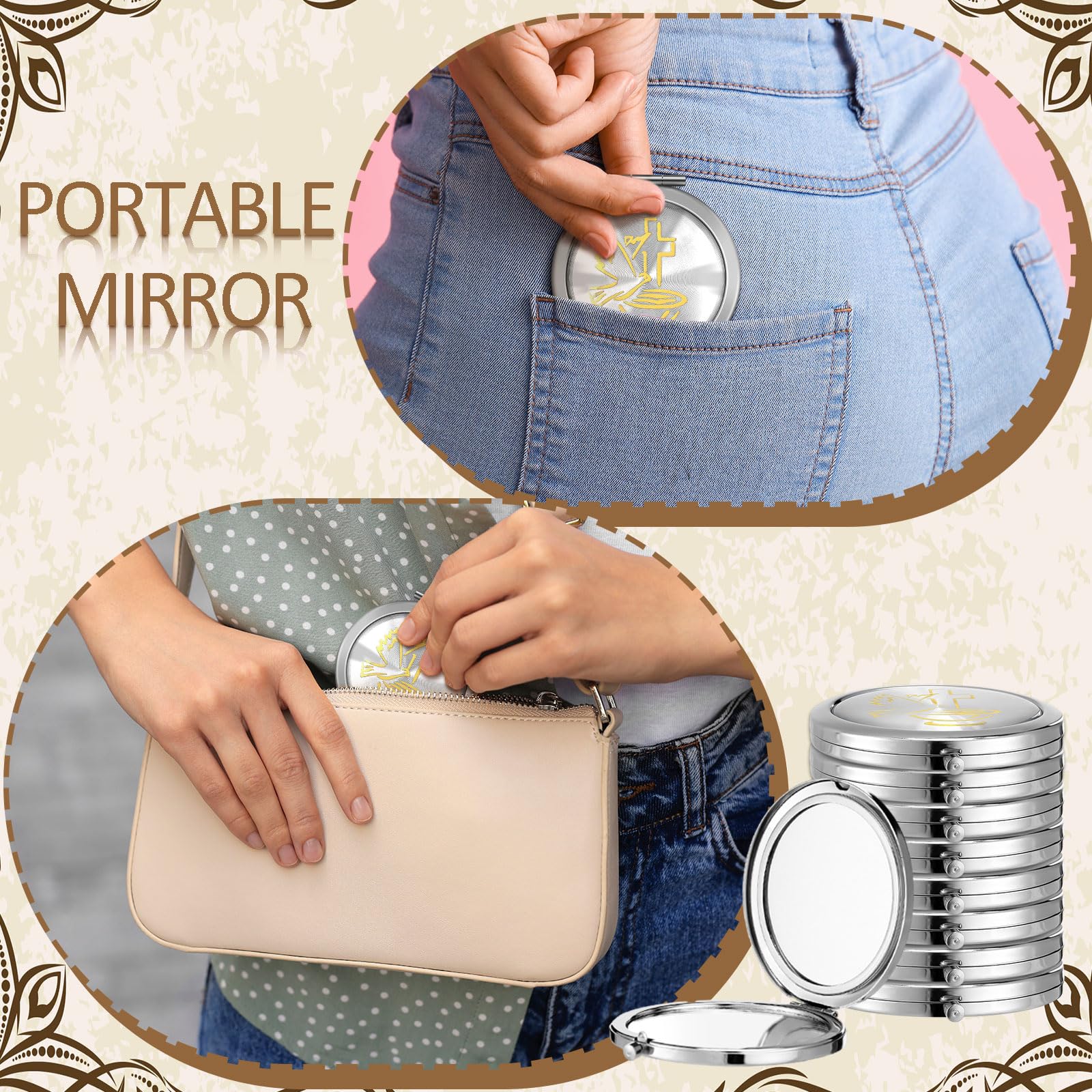 Yerliker 24 Pcs Baptism Favor Set, Compact Mirro Religious Baptism Gift for Guests 12 Pcs Mirror with Organza Bags Christening Holy Spirit Dove Primera Comunion Bautizo Recuerdos for Guests(Simple)