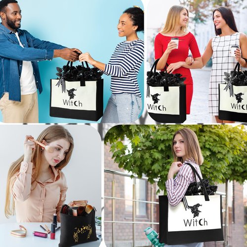 Abbylike 2 Pcs Halloween Canvas Tote Bag for Women Moon Witch Zipper Pouch Bag Goth Makeup Bag Witch Witchy Stuff Embroidery Shopping Handbag Gift for Coven Beginners Tarot Card