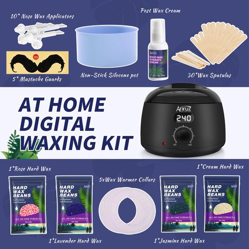 ANRUZ Waxing Kit for Women Men - Digital Wax Kit for Hair Removal with Post-Wax Cream, Silicone Bowl & 55 More Accessories, at Home Use Warmer for Body, Bikini, Eyebrow, Face, Sensitive Skin