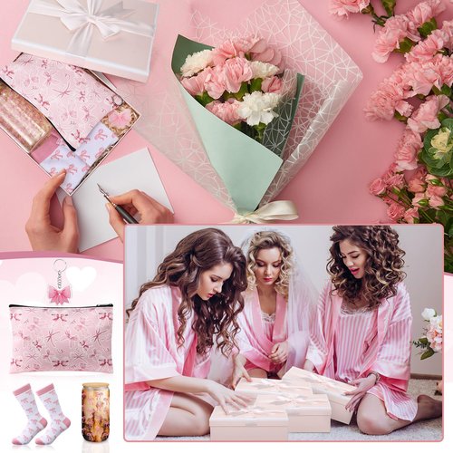 Boao 5 Pcs Pink Bow Gift Set with Bow Glass Cup, Socks, Cosmetic Bag Keychain Coquette Stuff Thank You Gift Box for Girls Women Valentines
