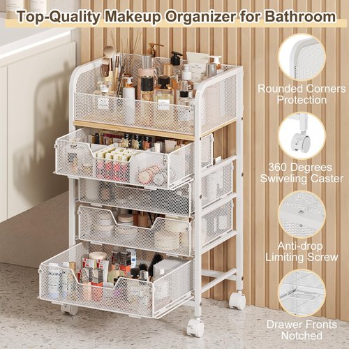 Hongtamoya Makeup Cart Organizer with 4 Drawers, Large Floor Skincare Organizers, Vanity Storage Organizer Cosmetics Display Cases for Skin Care Perfume Nail Polish, White