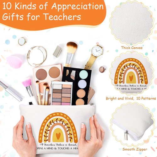 Fumete 20 Pcs Daycare Teacher Gifts Bulk, Inspirational Rainbow Makeup Bags, Silicone Keychains Zipper Canvas Pencil Pouch for Employee Thank You Gift Mothers Day Paraprofessional Appreciation Gifts
