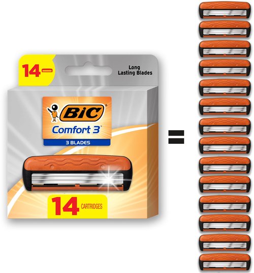 BIC Comfort 3 Men's Refillable Razor Heads with 3 Long Lasting Blades and Enhanced Lubricating Strips, 14 Razor Refill Cartridges