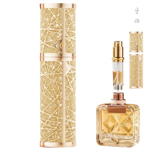 Fiwecos Perfume Travel Refillable Bottle, Cologne Portable Atomizer Fragrance Scent Sprayer with Sparkling Brilliantly, Pump Fill from Bottom Pocket Size 5ml for Travel Essentials & Best Gift(S-Gold)