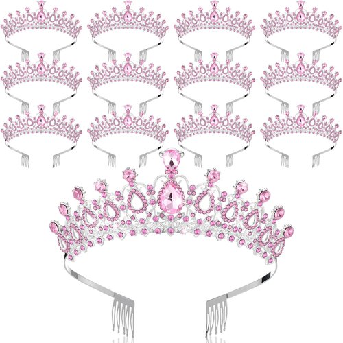 Loetere 12 Pcs Crystal Tiara and Princess Crown with Comb Crown Rhinestone Women Tiara Headpiece Queen Hair Accessories for Birthday Party Wedding Prom Halloween Cosplay Costume(Pink)