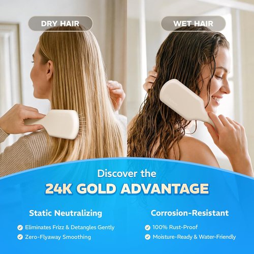 24K Gold Plated Gua Sha Hairbrush - Anti-Static Scalp Massager & Detangler for All Hair Types