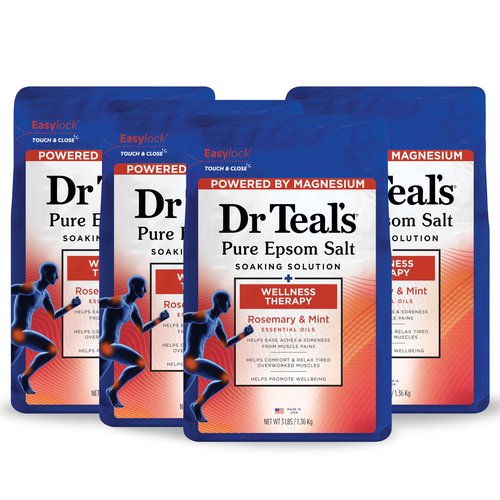 Dr Teal's Pure Epsom Salt Soak, Wellness Therapy with Rosemary & Mint, 3 lbs (Pack of 4)