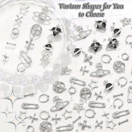BELICEY 190PCS 3D Nail Charms - Silver Star Cross Planet Rivet Punk Cone Jewels for Acrylic Nails