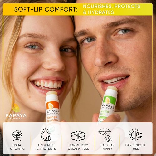 Papaya Naturals Organic Lip Balm Set - 6 Pack of Moisturizing Beeswax & Cocoa Butter in Assorted Flavors