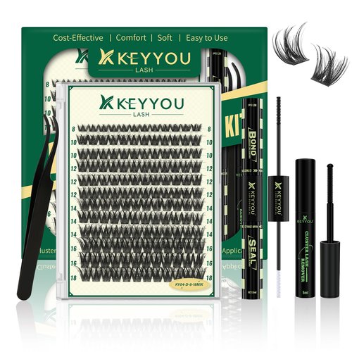 KEYYOULASH Lash Clusters Kit Volume 144pcs 8-18MIX Lash Extension Kit Thick Lash Clusters D curl with Bond and Seal,Remover,Applicators for DIY Thin Band Eyelash Clusters at Home (KY04 Kit)