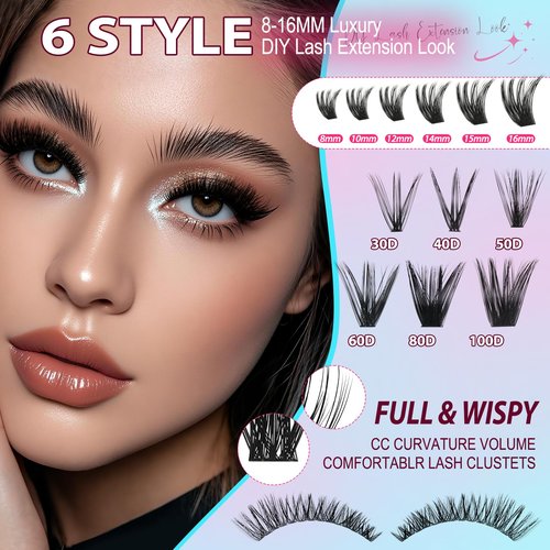 Lash Clusters Kit 708Pcs Individual Cluster Lash Extensions Kit 30D+40D+50D+60D+80D+100D Wispy Eyelash Clusters with Lash Bond and Seal and Tweezers 10-16mm 6 Styles Mix Lashes Clusters Kit