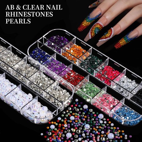 FANDAMEI Nail Charms, Nail Rhinestones Kit with 8 Boxes of Nail Gems, 3D Charms for Nails, Colorful Clear Flatback Rhinestones, Charms Y2K for Nails, Multi Shape Pearls Jewels for Crafts